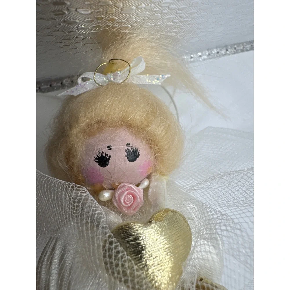 Vintage Style Whimsical Blonde Angel Ornament White Satin Gold Heart 4 Inch